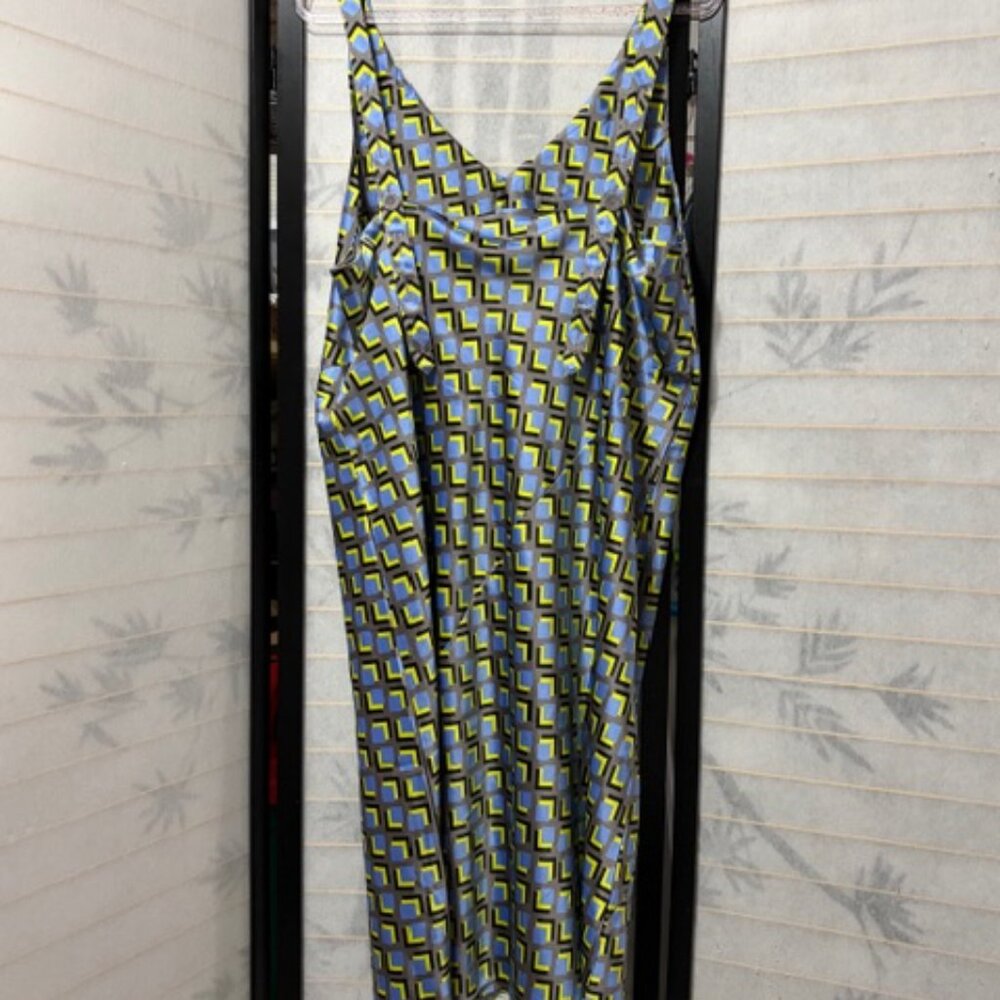 Wildfang‎ Empower Satin Slip Dress XL Blue Yellow Geometric Mod Belted Print New - Picture 6 of 11